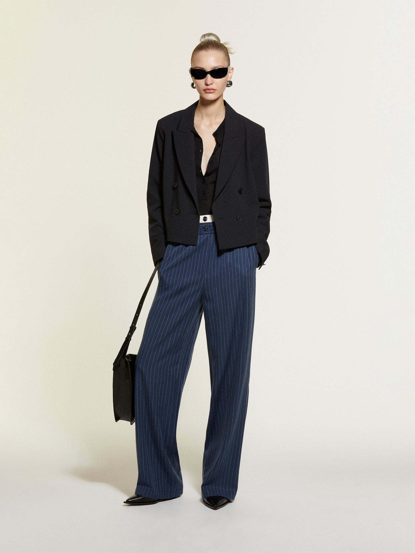 Dark blue striped trousers with boxers