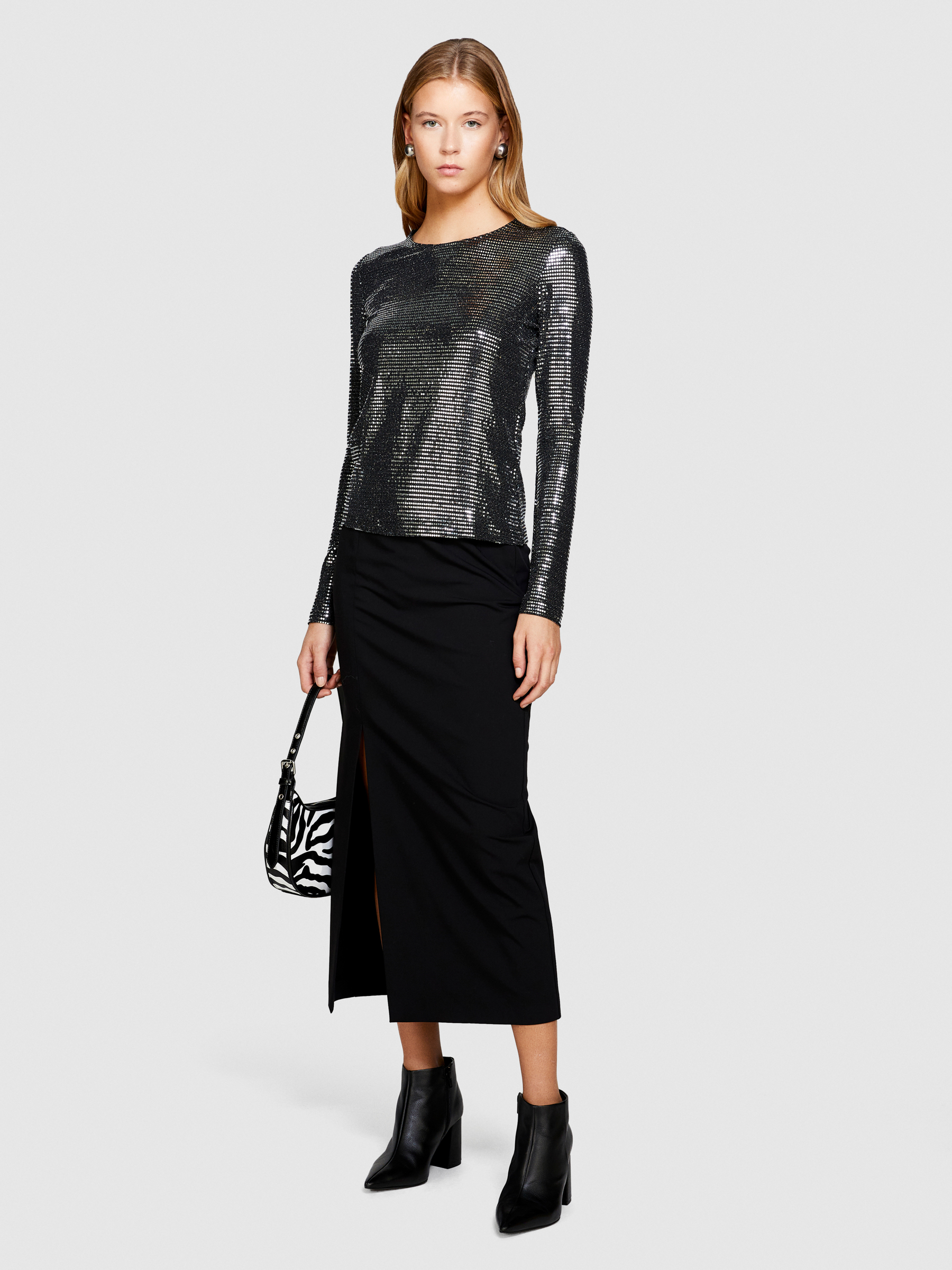 Sisley - Midi Skirt With Slit, Woman, Black, Size: 40