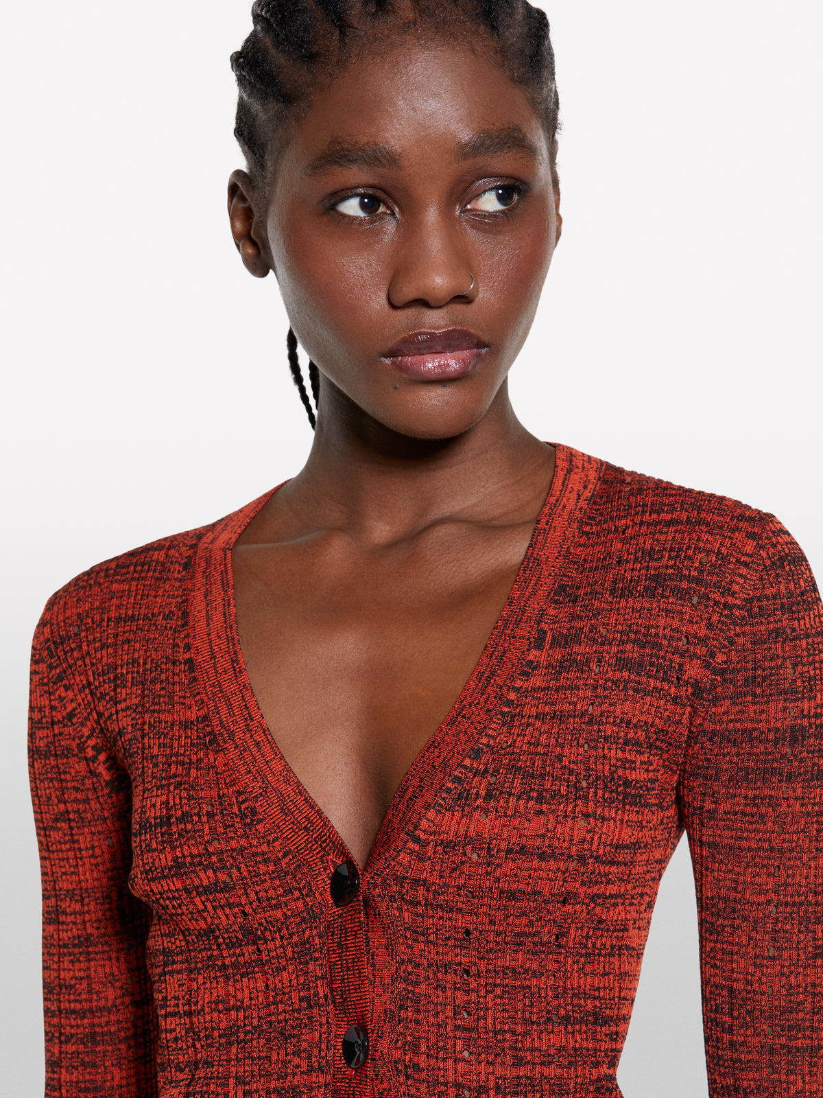 Red knit cardigan