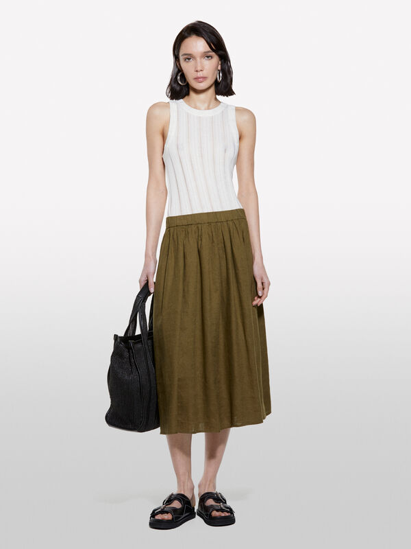 Gonna midi verde militare in 100% lino - gonne midi, longuette donna | Sisley