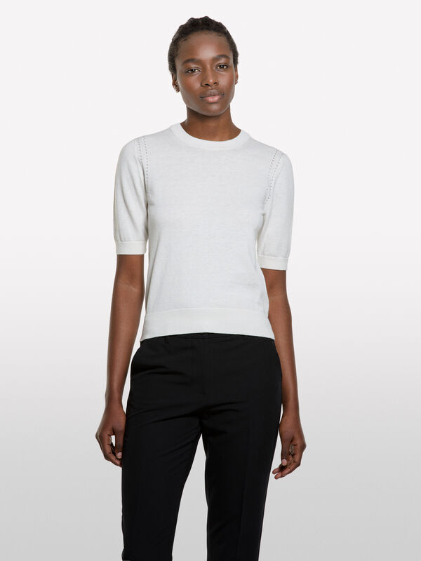 Maglia bianco panna a maniche corte  - maglie girocollo da donna | Sisley