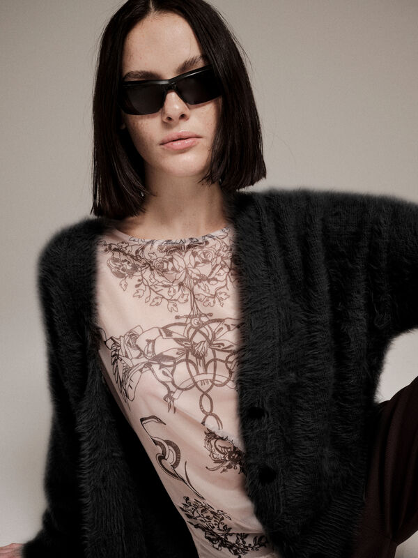 T-shirt beige in tulle con stampa - top da donna | Sisley