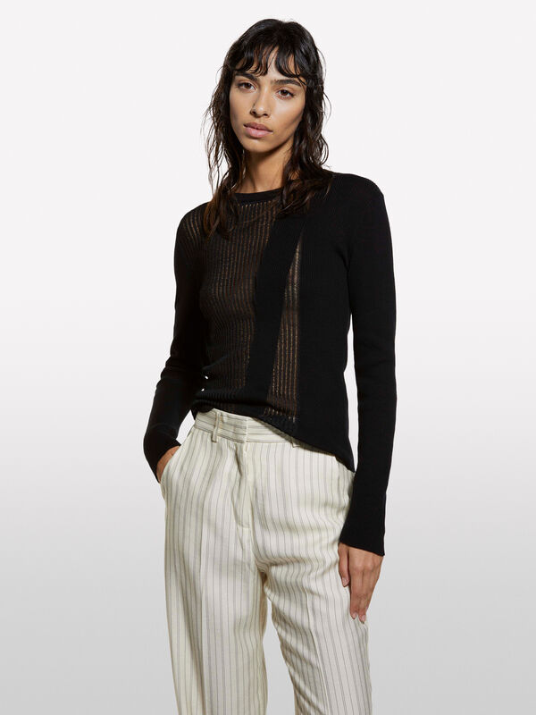 Maglia nera lavorata - maglie girocollo da donna | Sisley