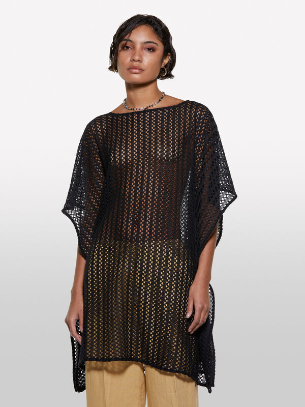 Caftano nero in crochet  - vestiti corti da donna | Sisley