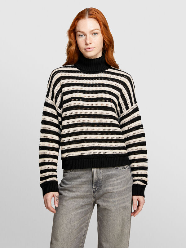 Maglia rigata nera e beige  - maglie collo alto da donna | Sisley