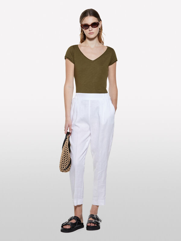 T-shirt verde militare con scollo a V - t-shirt a manica corta da donna | Sisley