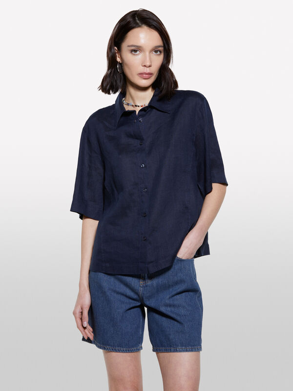 Camicia blu scuro a maniche corte in 100% lino  - camicie da donna | Sisley