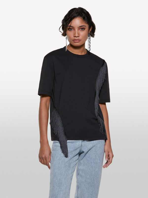 T-shirt nera con frange - t-shirt a manica corta da donna | Sisley