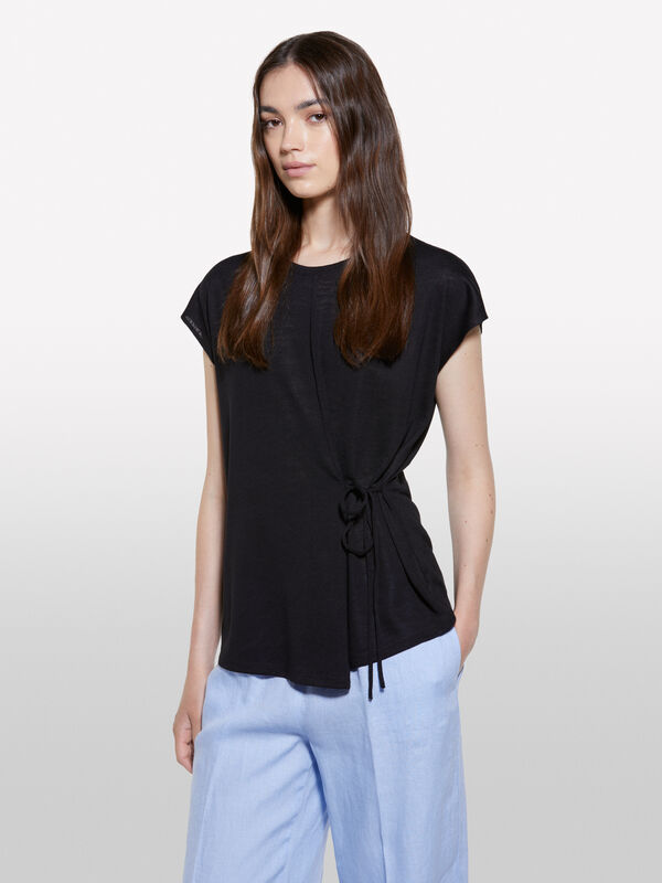 T-shirt nera con laccetti - t-shirt a manica corta da donna | Sisley