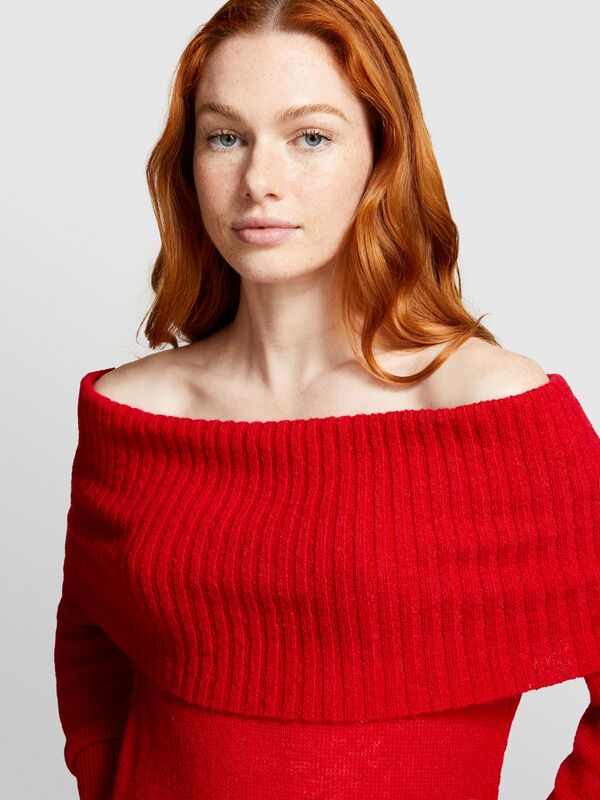 Maglia rossa off shoulder  - maglie scollo a barchetta da donna | Sisley