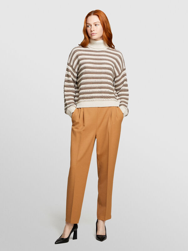 Maglia rigata beige e marrone - maglie collo alto da donna | Sisley