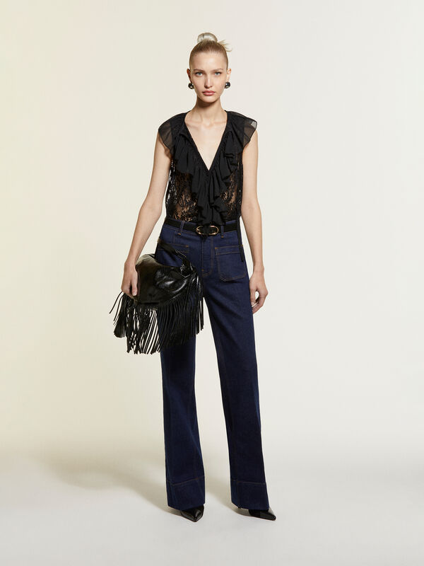 Top nero in pizzo con jabot - top da donna | Sisley