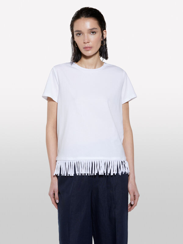T-shirt bianca con frange sul fondo - t-shirt a manica corta da donna | Sisley