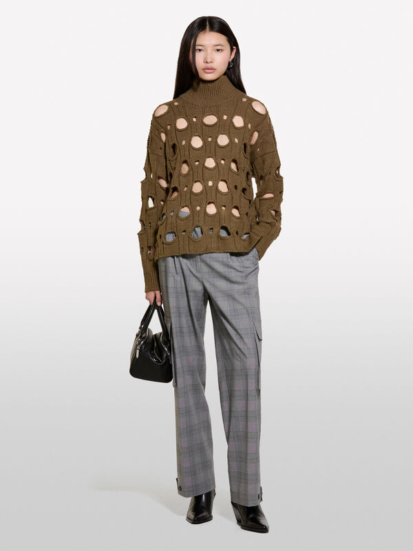 Maglia verde militare traforata - maglie collo alto da donna | Sisley