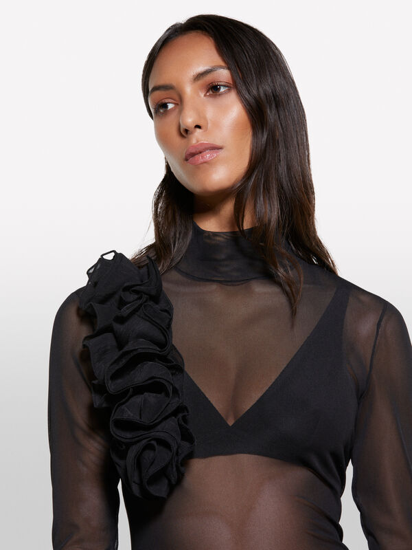 T-shirt in tulle nero con fiori - t-shirt a manica lunga da donna | Sisley