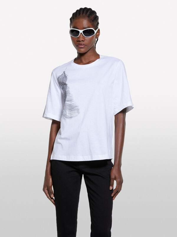 T-shirt bianca con stampa piuma - t-shirt a manica corta da donna | Sisley