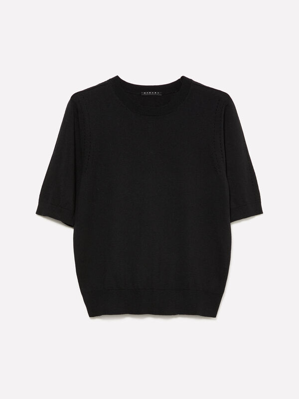 Maglia nera a maniche corte - maglie girocollo da donna | Sisley