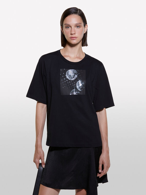T-shirt boy fit 100% cotone bio con stampa disco - t-shirt a manica corta da donna | Sisley