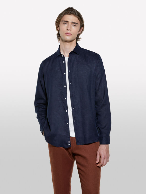 Camicia blu scuro 100% lino - camicie regular da uomo | Sisley