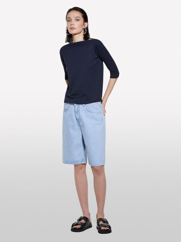 T-shirt nera con scollo a barca - t-shirt a manica lunga da donna | Sisley