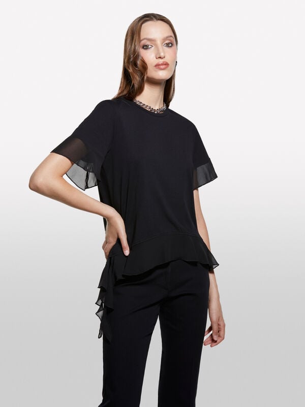 T-shirt nera con rouches - t-shirt a manica corta da donna | Sisley