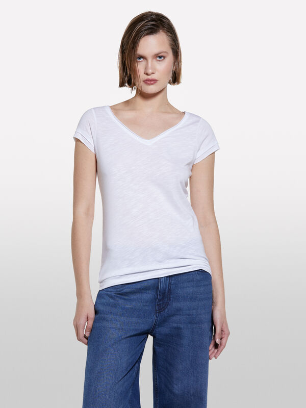 T-shirt scollo a V bianca - t-shirt a manica corta da donna | Sisley