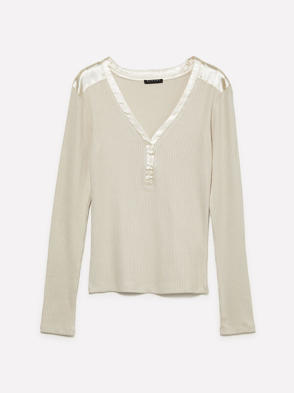 Maglietta tortora slim fit a costine  - maglie scollo a v da donna | Sisley