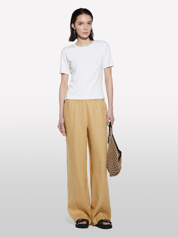 Pantaloni senape flare fit in 100% lino - pantaloni palazzo da donna | Sisley
