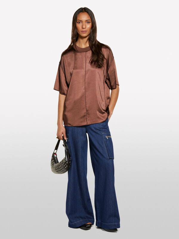 Blusa over fit in satin marrone scuro - bluse da donna | Sisley