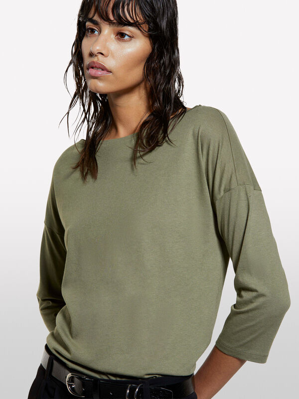 T-shirt verde militare con scollo a barca - t-shirt a manica lunga da donna | Sisley