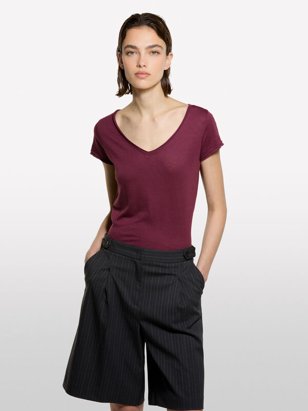 T-shirt scollo a V bordeaux - t-shirt a manica corta da donna | Sisley
