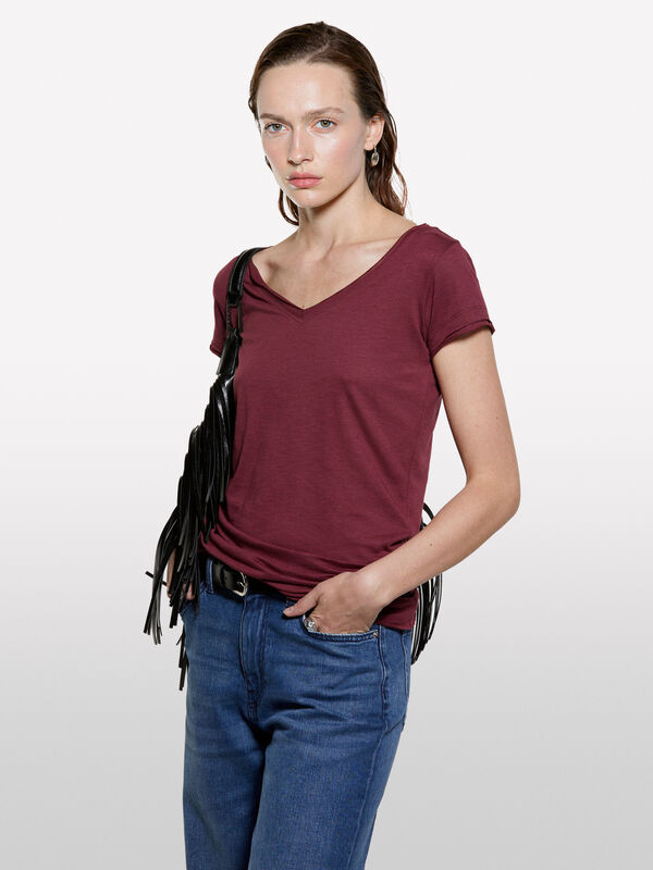 T-shirt scollo a V bordeaux - t-shirt a manica corta da donna | Sisley