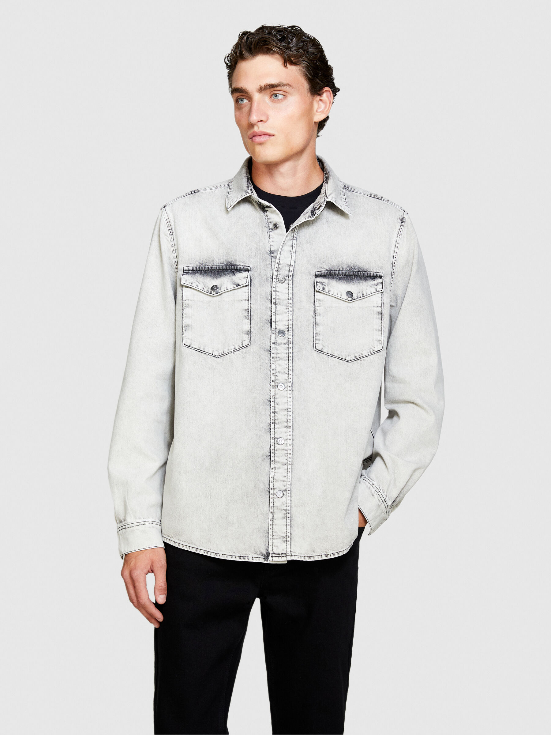 Camicia di jeans lavaggio acid Grigio Chiaro Uomo Sisley