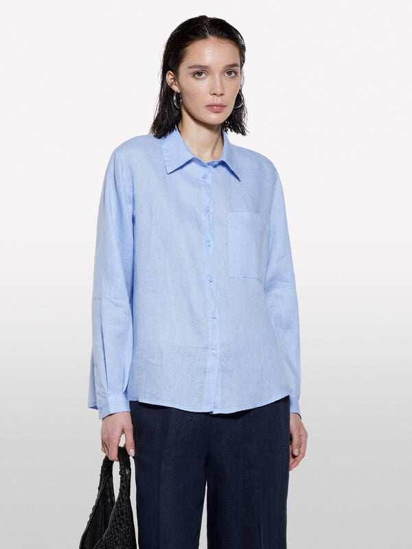Camicia azzurra in 100% lino - camicie da donna | Sisley