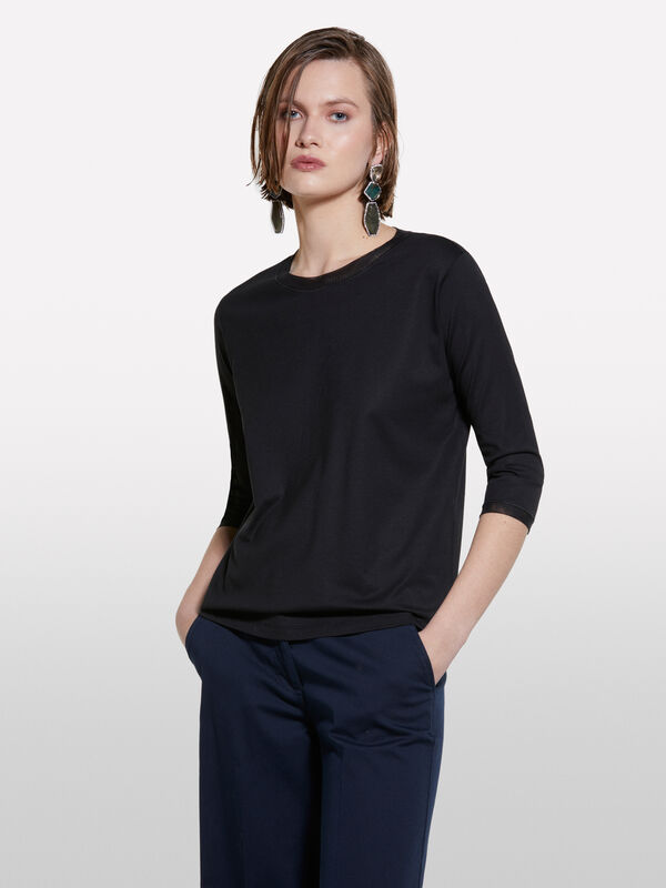 T-shirt nera con inserti in tulle - t-shirt a manica lunga da donna | Sisley