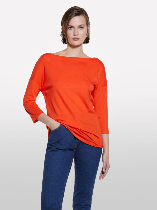 T-shirt arancione con scollo a barca - t-shirt a manica lunga da donna | Sisley