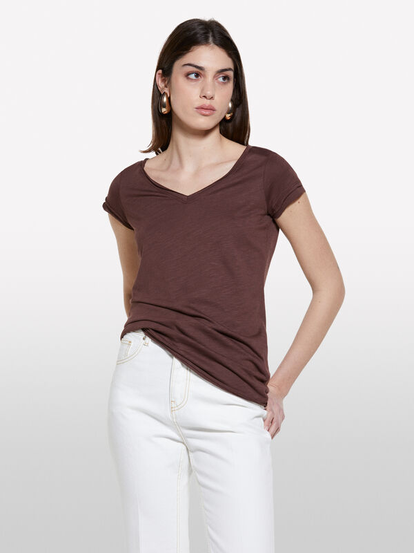 T-shirt scollo a V marrone - t-shirt a manica corta da donna | Sisley