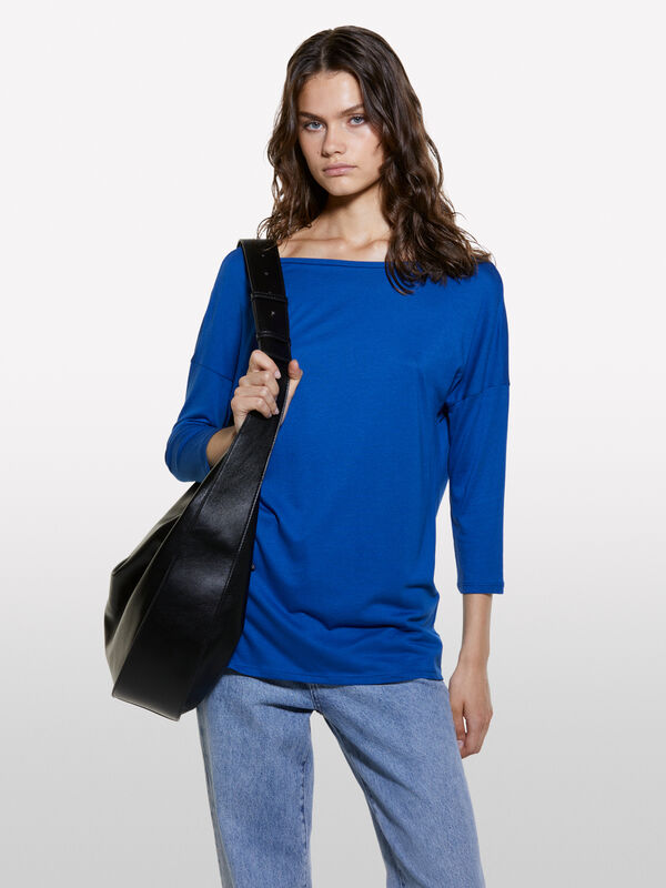 T-shirt blu con scollo a barca - t-shirt a manica lunga da donna | Sisley