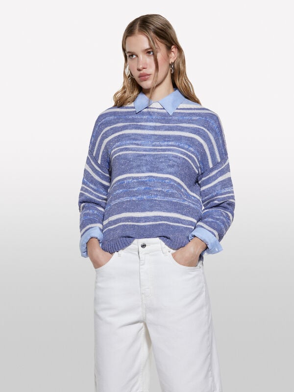 Maglia azzurra a righe con lurex - maglie scollo a barchetta da donna | Sisley