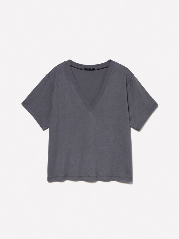 T-shirt grigio scuro con scollo a V - t-shirt a manica corta da donna | Sisley