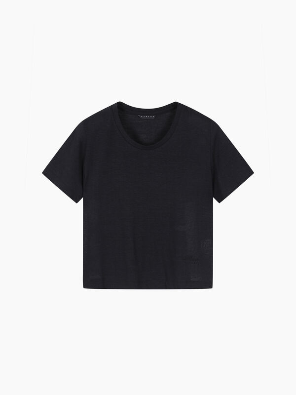 T-shirt nera in misto lino con ricamo - sisley k  t shirt manica corta | Sisley K