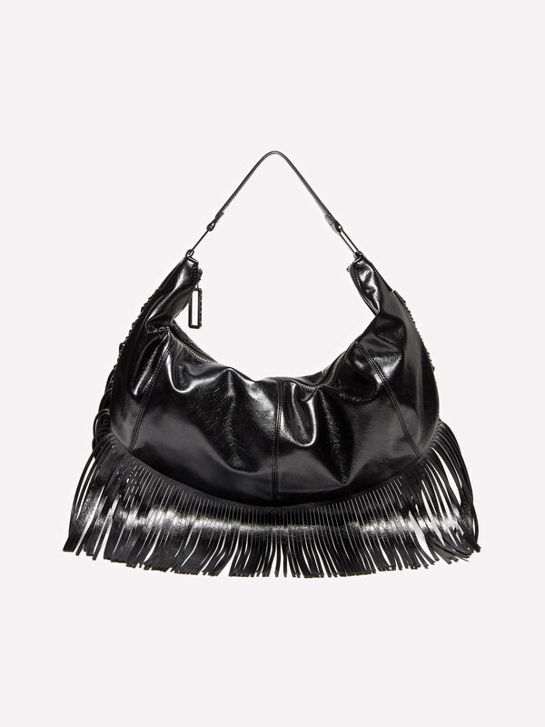 Borsa a spalla nera con frange - borse a tracolla e a spalla da donna | Sisley