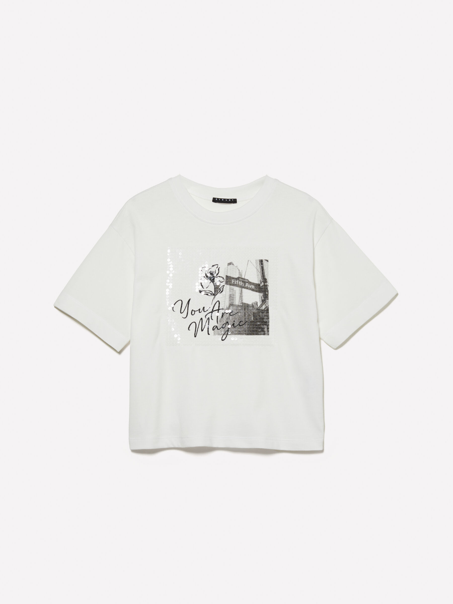 T shirt bianca con stampa e paillettes Bianco Sisley