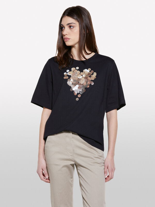T-shirt nera con stampa cuore - t-shirt a manica corta da donna | Sisley