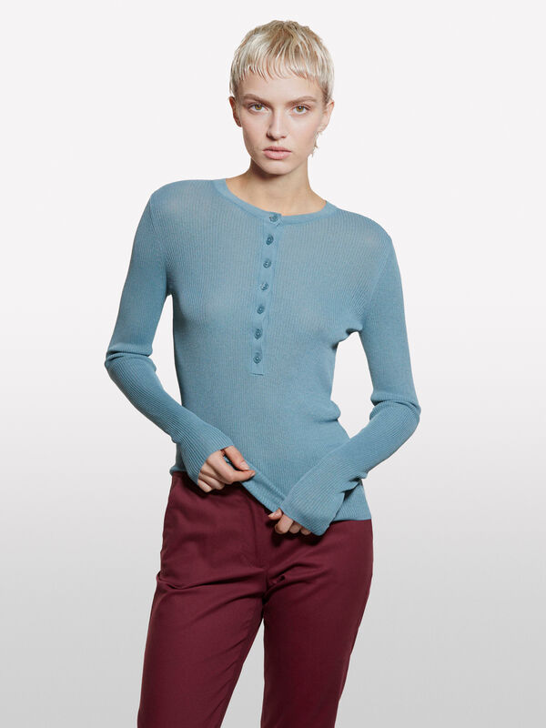 Maglia serafino blu polvere - maglie girocollo da donna | Sisley
