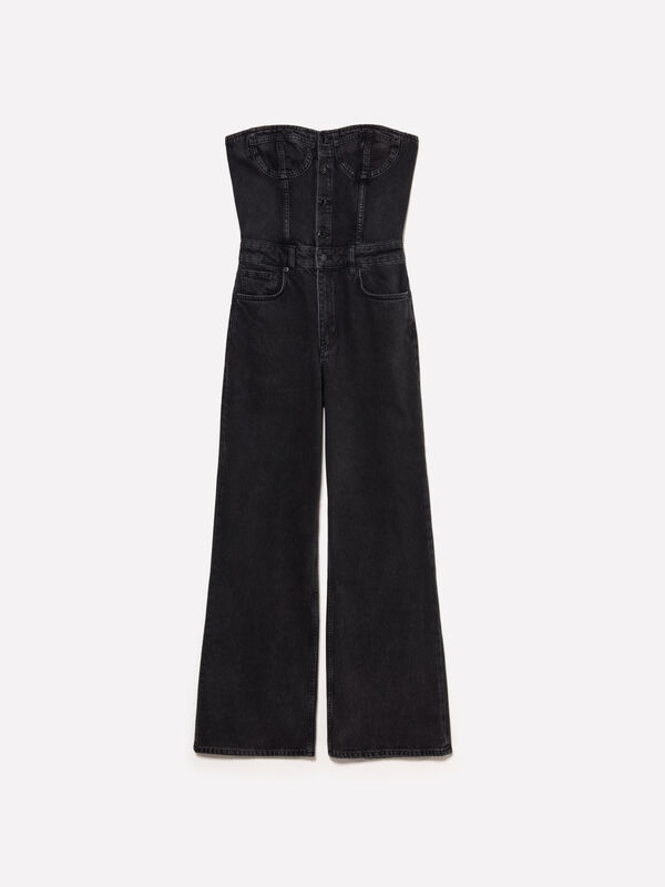 Tuta bustier di jeans nera - tute jumpsuit da donna | Sisley