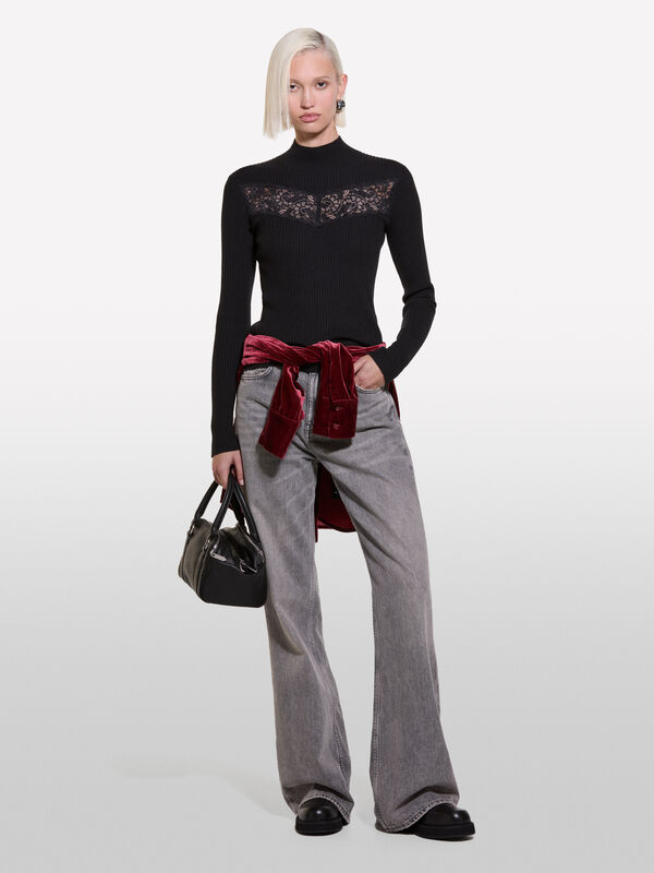 Maglia dolcevita nera con pizzo - maglie collo alto da donna | Sisley