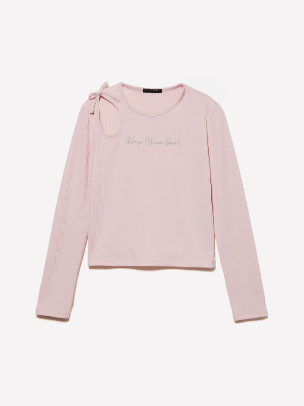 T-shirt rosa a costine con ricamo e cut-out - t-shirt manica lunga da bambina | Sisley Young
