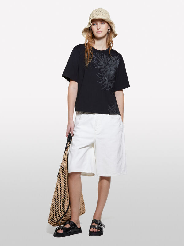 T-shirt nera con stampa piante marine - t-shirt a manica corta da donna | Sisley