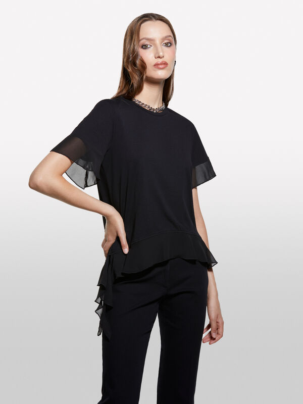 T-shirt nera con rouches - t-shirt a manica corta da donna | Sisley